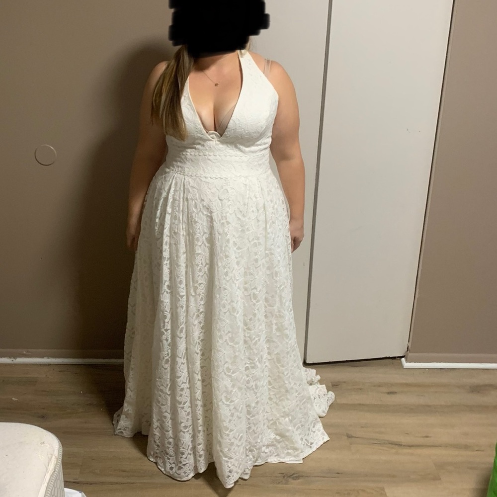 Plunging Lace Halter Ballgown Wedding Dress